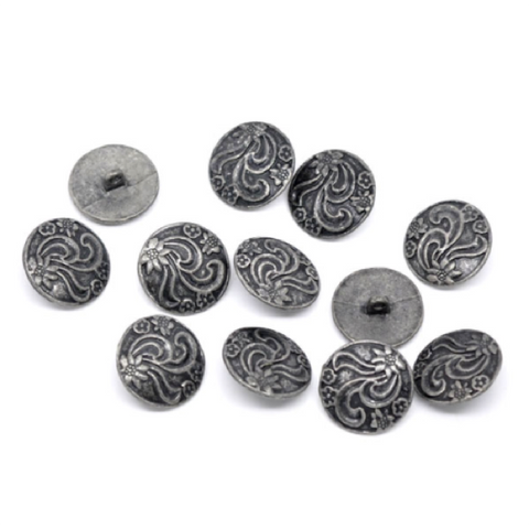 Buttons: Metal Round Shank Pewter Floral 20mm
