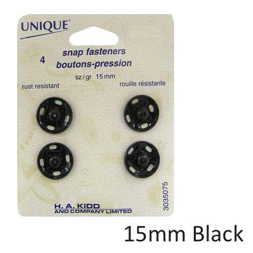 UNIQUE SEWING Snap Fasteners Assortment Black - 5mm, 6mm, 7mm - 24