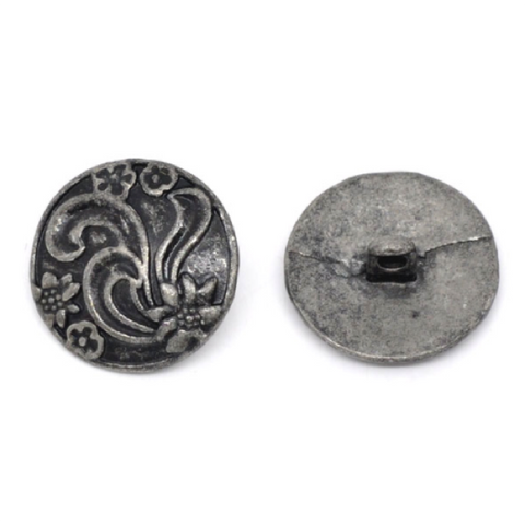 Buttons: Metal Round Shank Pewter Floral 20mm