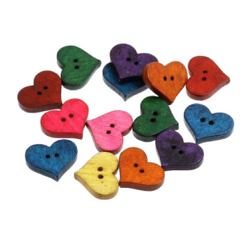 Buttons: Wood Heart 2 Holes Coloured 20mm x 16.5mm